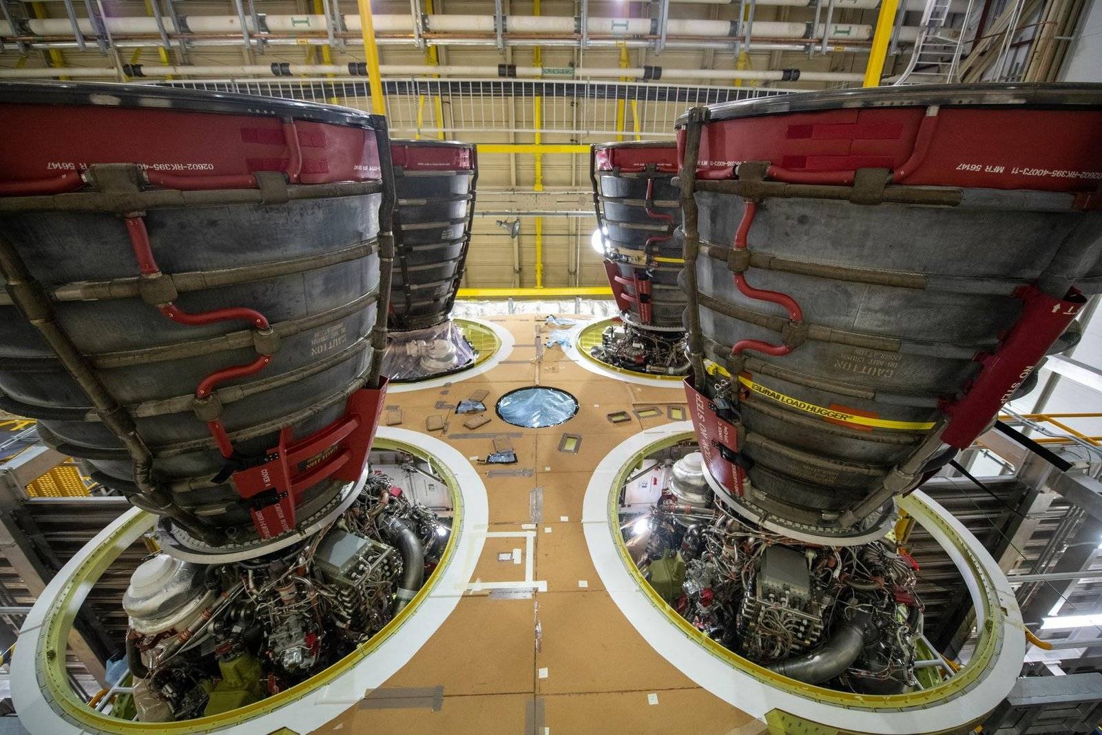 RS-25 engines attached to the core stage for NASA’s Space Launch System rocket